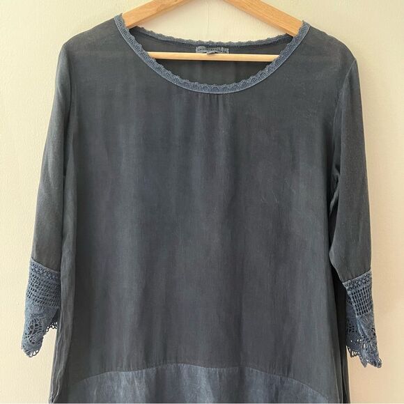 Boho Tunic Lace Trimmed Stonewashed Navy Medium Crosstree Lane - Picture 3 of 8